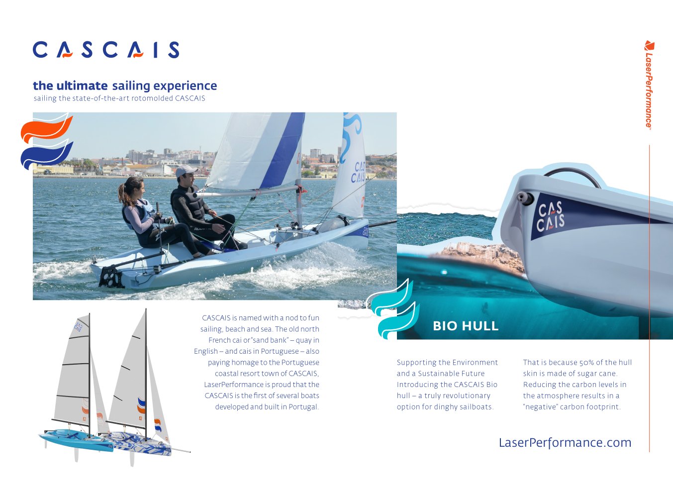 Closing Cascais brochure spread: 'the ultimate sailing experience' next to a Bio Hull section describing its sugar-cane-based hull material