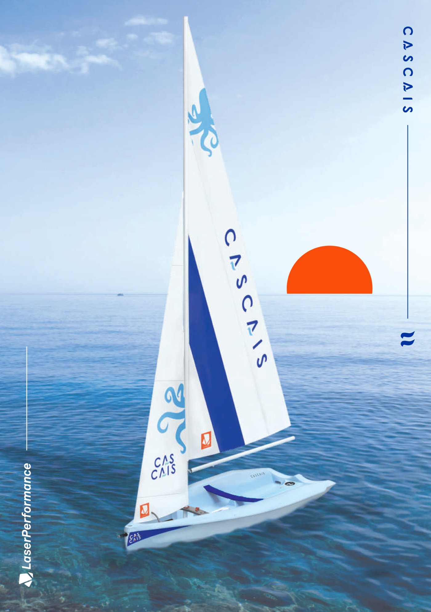 Cascais brochure cover: the boat under sail at sunset with the wordmark set vertically alongside it