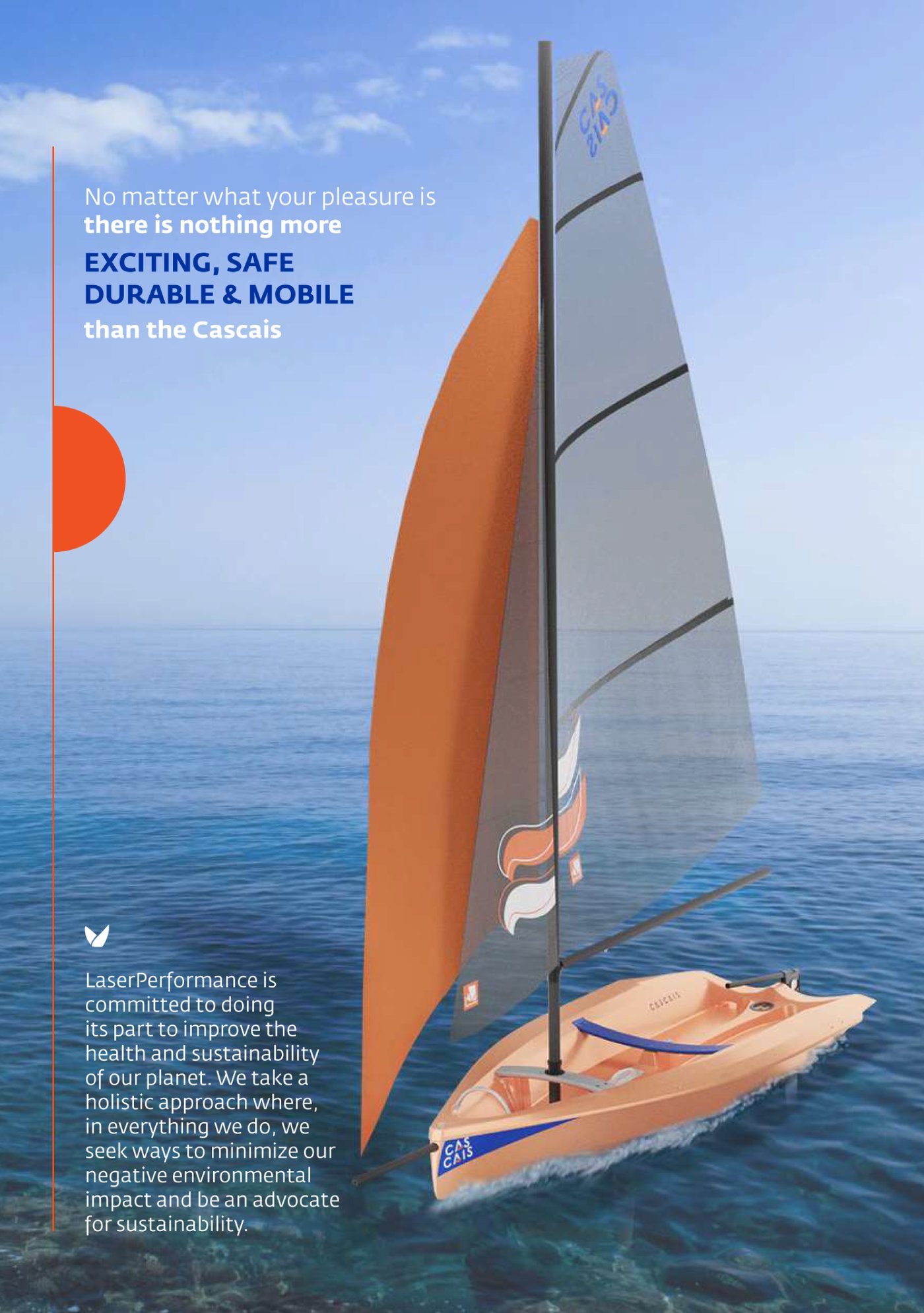Cascais brochure spread reading 'Exciting, safe, durable and mobile' over a photo of the orange-sailed Cascais