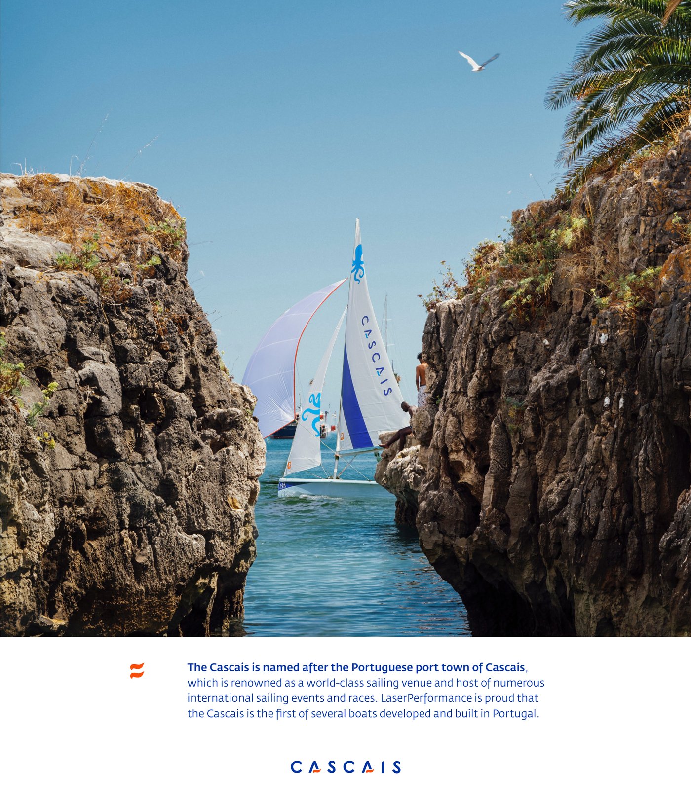 Cascais brochure page with a photo of two Cascais dinghies sailing between rock formations, and copy explaining the boat is named after the Portuguese sailing town of Cascais