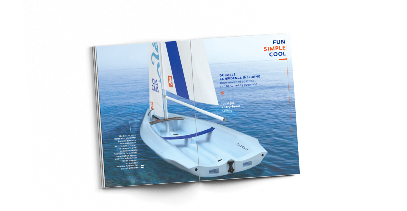 Cascais brochure spread shown as a floating printed mockup, tilted in space, reading 'Fun, simple, cool'