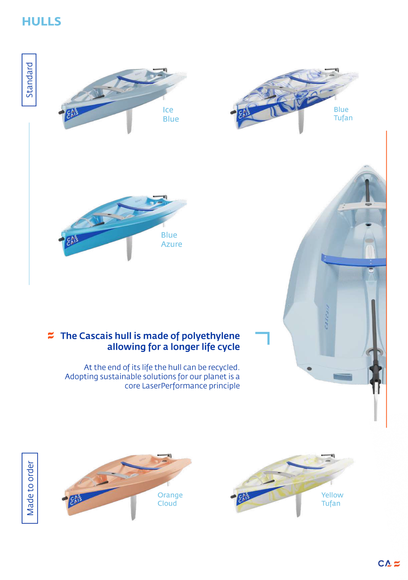 Cascais brochure page showing five hull colourways: Ice Blue, Blue Tufan, Blue Azure, Orange Cloud and Yellow Tufan