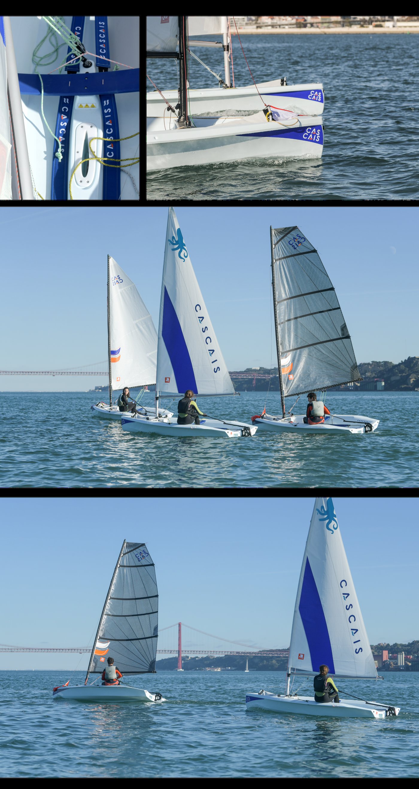 Collage of real Cascais dinghies sailing on the water, sails printed with the wordmark and wave mark, with the Lisbon skyline behind