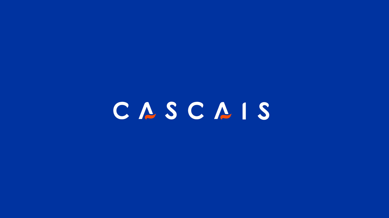 Cascais wordmark in white on the brand's deep blue, with a small orange wave squiggle under each letter A