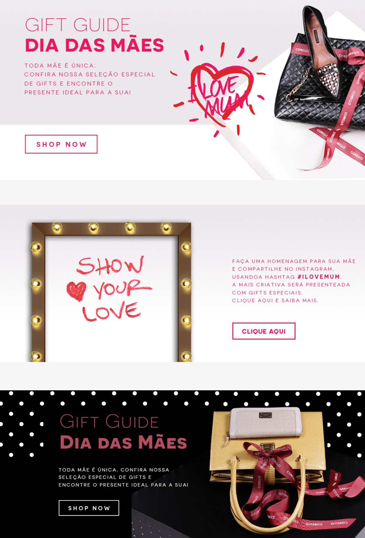 Stack of three Corello website banners: a pink Mother's Day gift guide hero, a 'Show Your Love' Instagram contest banner, and a black polka-dot gift guide variant