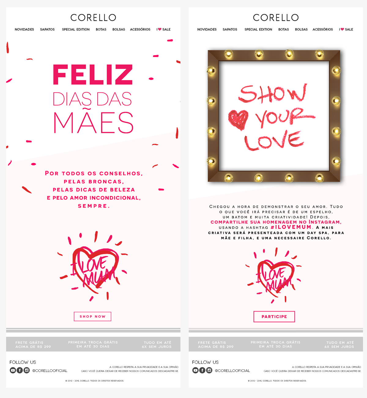 Two Corello Mother's Day email newsletters side by side: one announcing the gift guide, one promoting the Instagram #ILoveMum contest