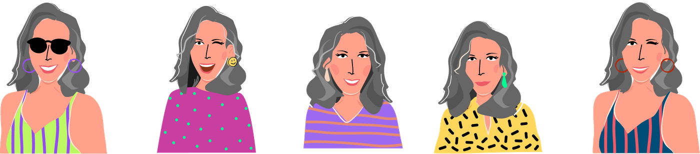 Five variations of the hand-drawn Cris Carvalho avatar, each in a different outfit, earring and expression