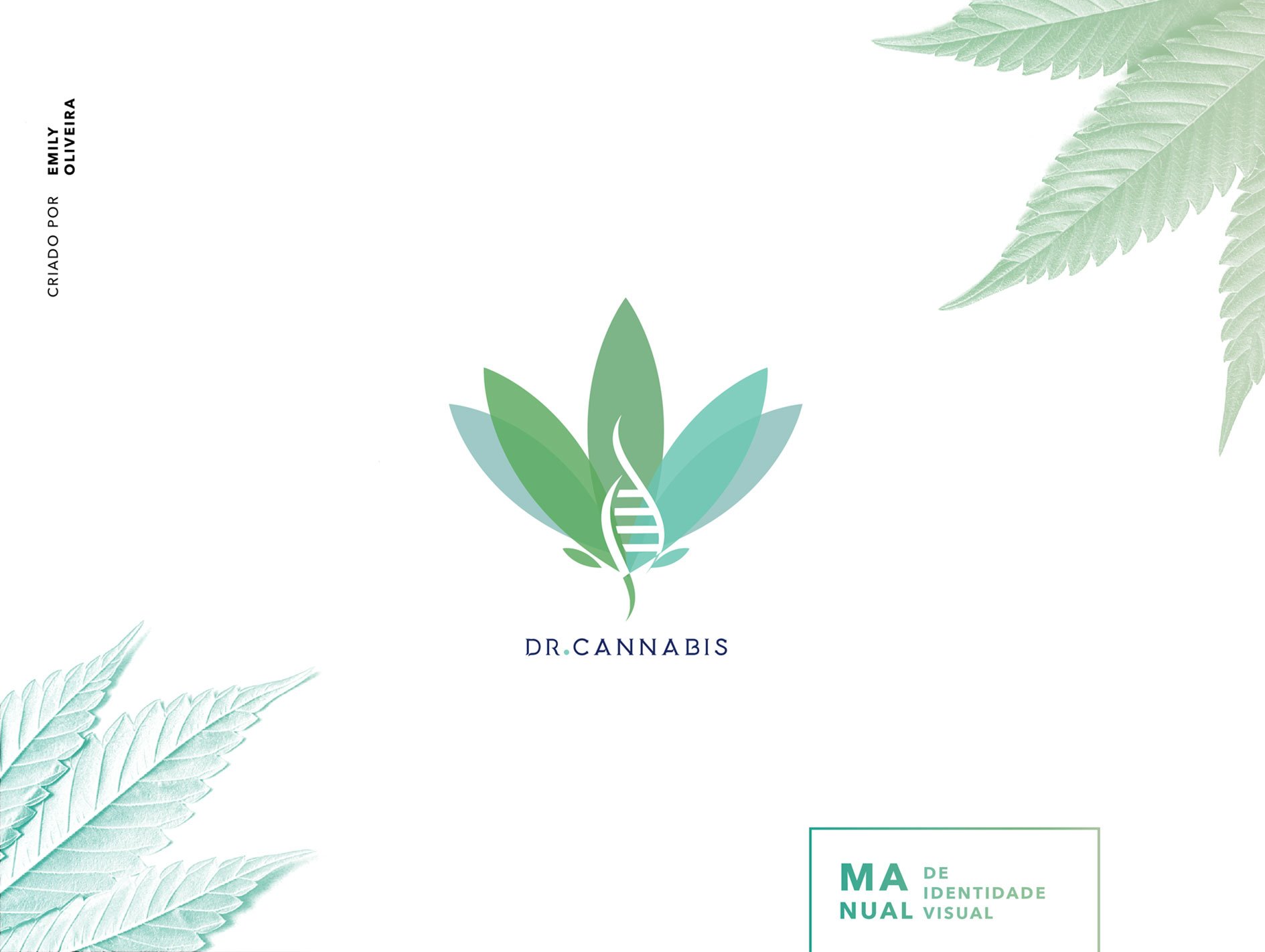 Cover of the Dr Cannabis visual identity manual, showing the final logo: a cannabis leaf built around a DNA helix, on a white background with soft leaf-illustration corners