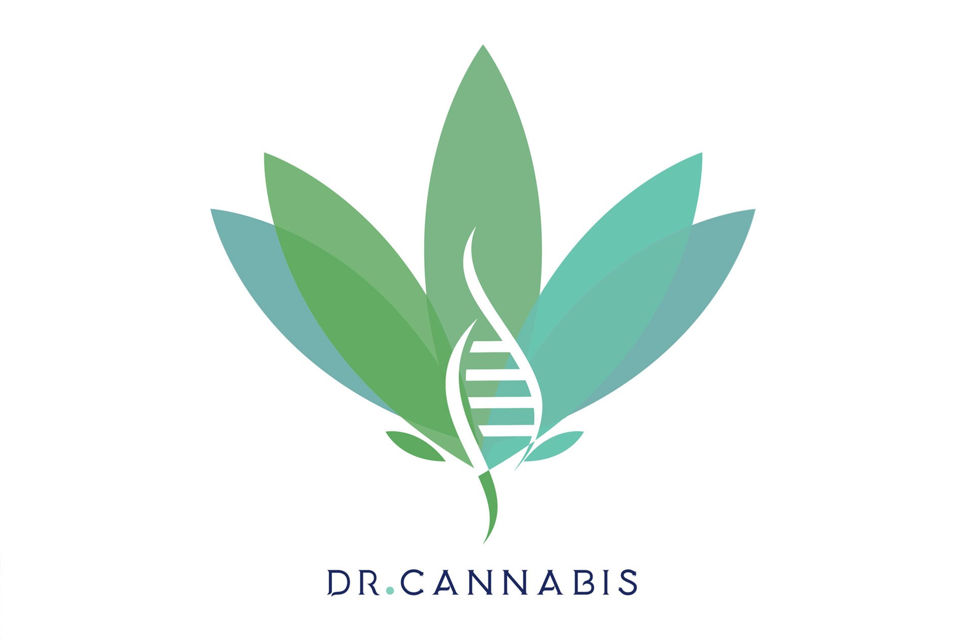 Final Dr Cannabis logo, isolated on white: a layered cannabis leaf in green and teal gradients with a white DNA helix at its center and the wordmark 'DR.CANNABIS' below