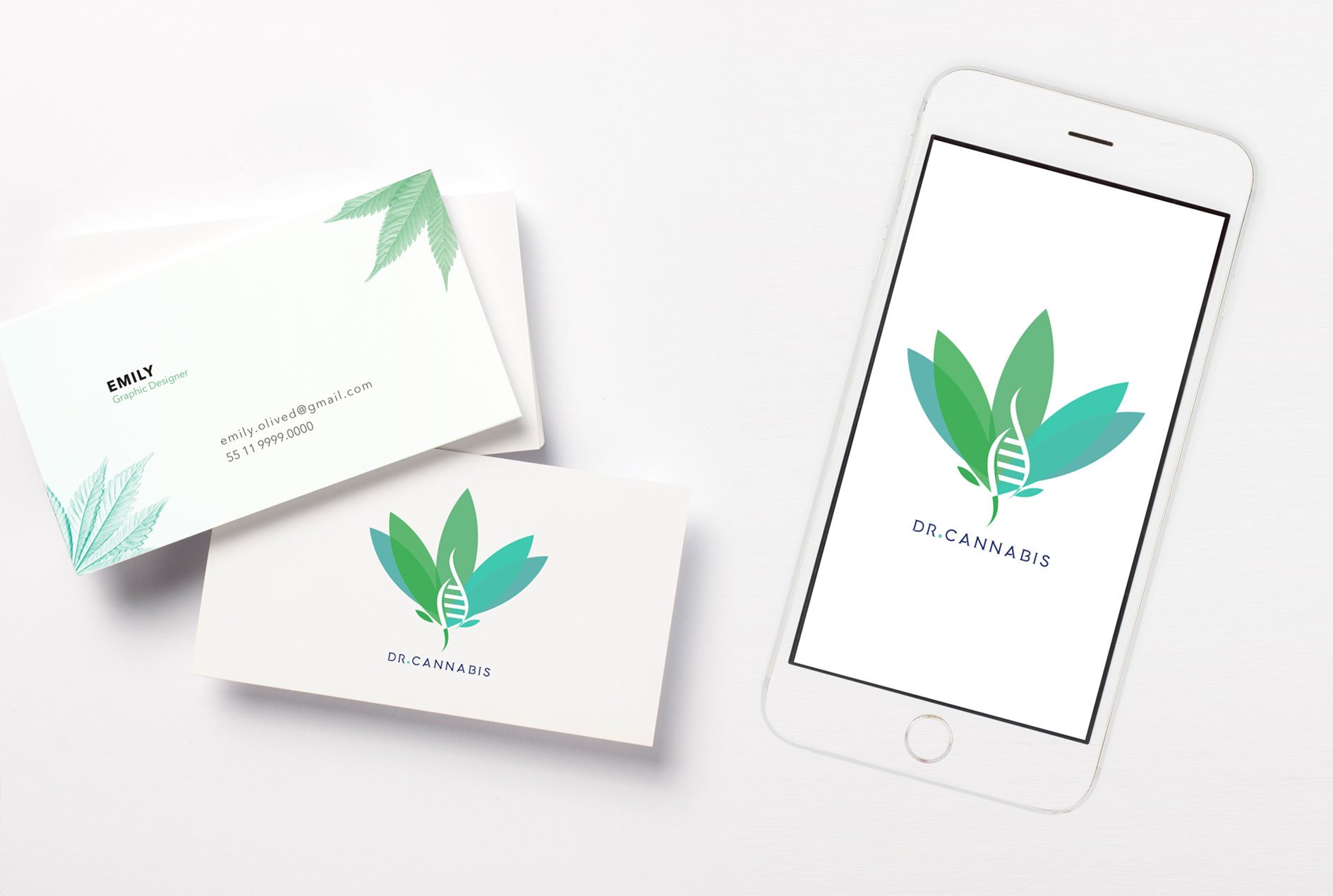 Dr Cannabis business cards with a cannabis-leaf watercolor pattern on the back, and the logo on a phone screen mockup