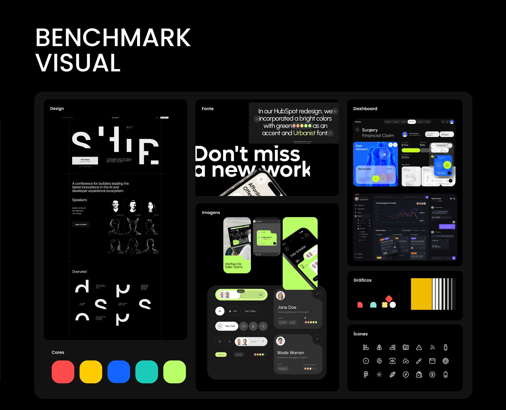 Visual benchmark: typography, colour and imagery references including a red/yellow/blue/teal/green palette