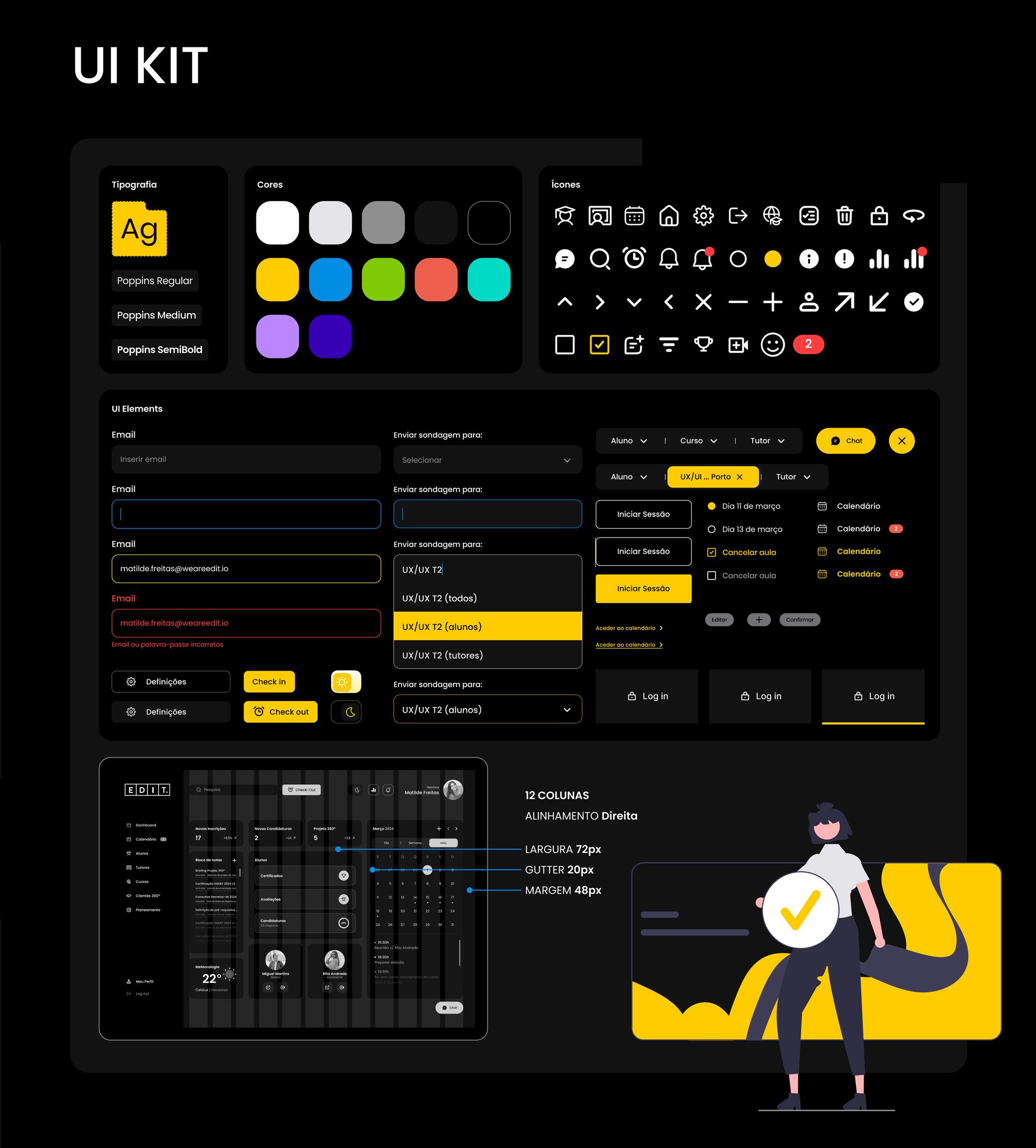 UI kit: Poppins typography in three weights, a color palette from yellow to blue, green, red, teal and purple, an icon set, form and filter components, and a dashboard mockup on a 12-column grid