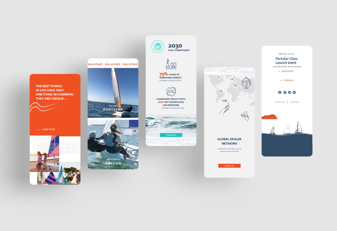 Five mobile screens from the LaserPerformance site: a shop promo banner, the new Portstar and Cascais boat pages, a 2030 sustainability commitment page, a global dealer network map, and an event news page