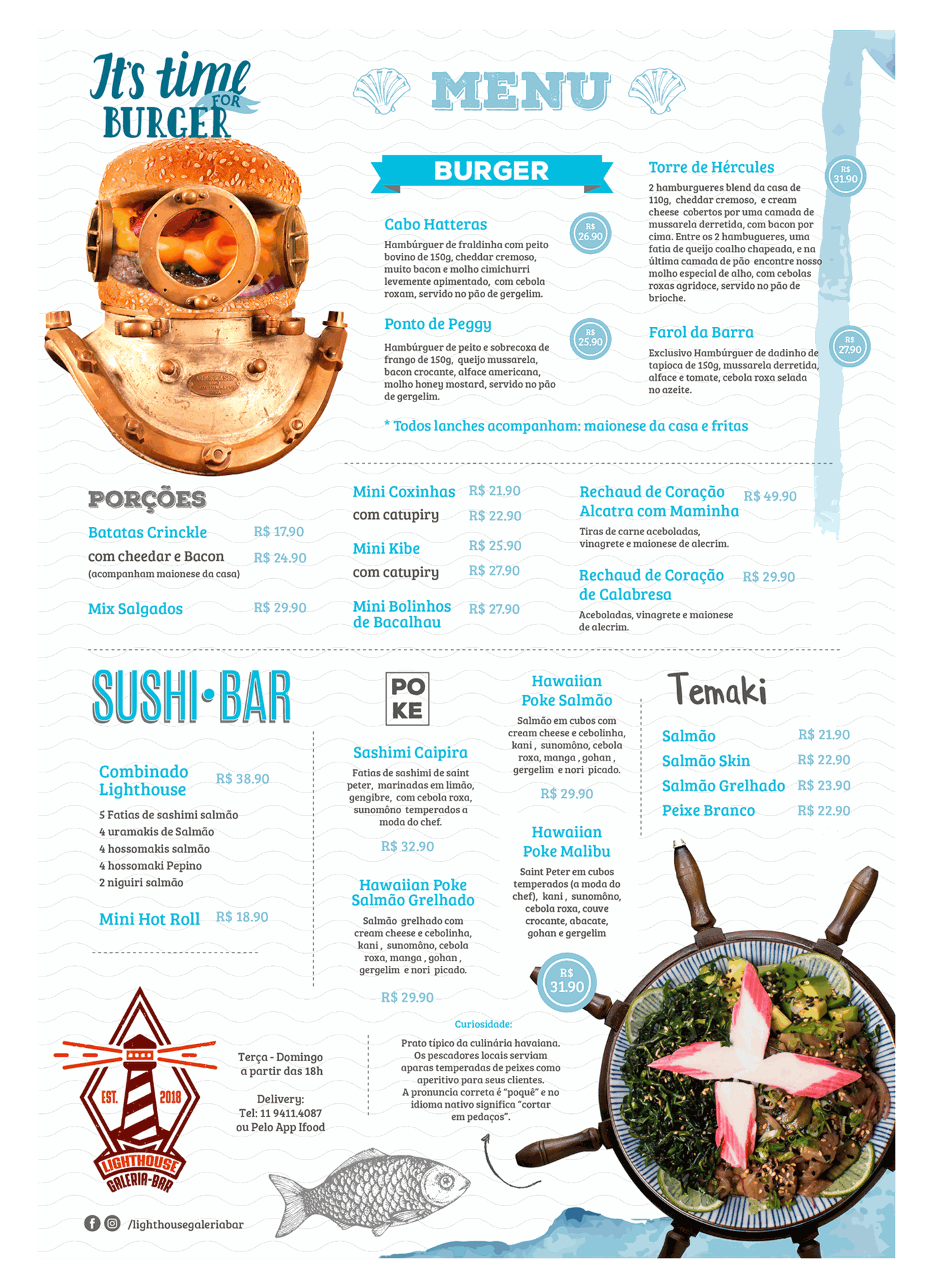 Menu Bar Lighthouse burger, sushi bar, poke and temaki page in the same collage style