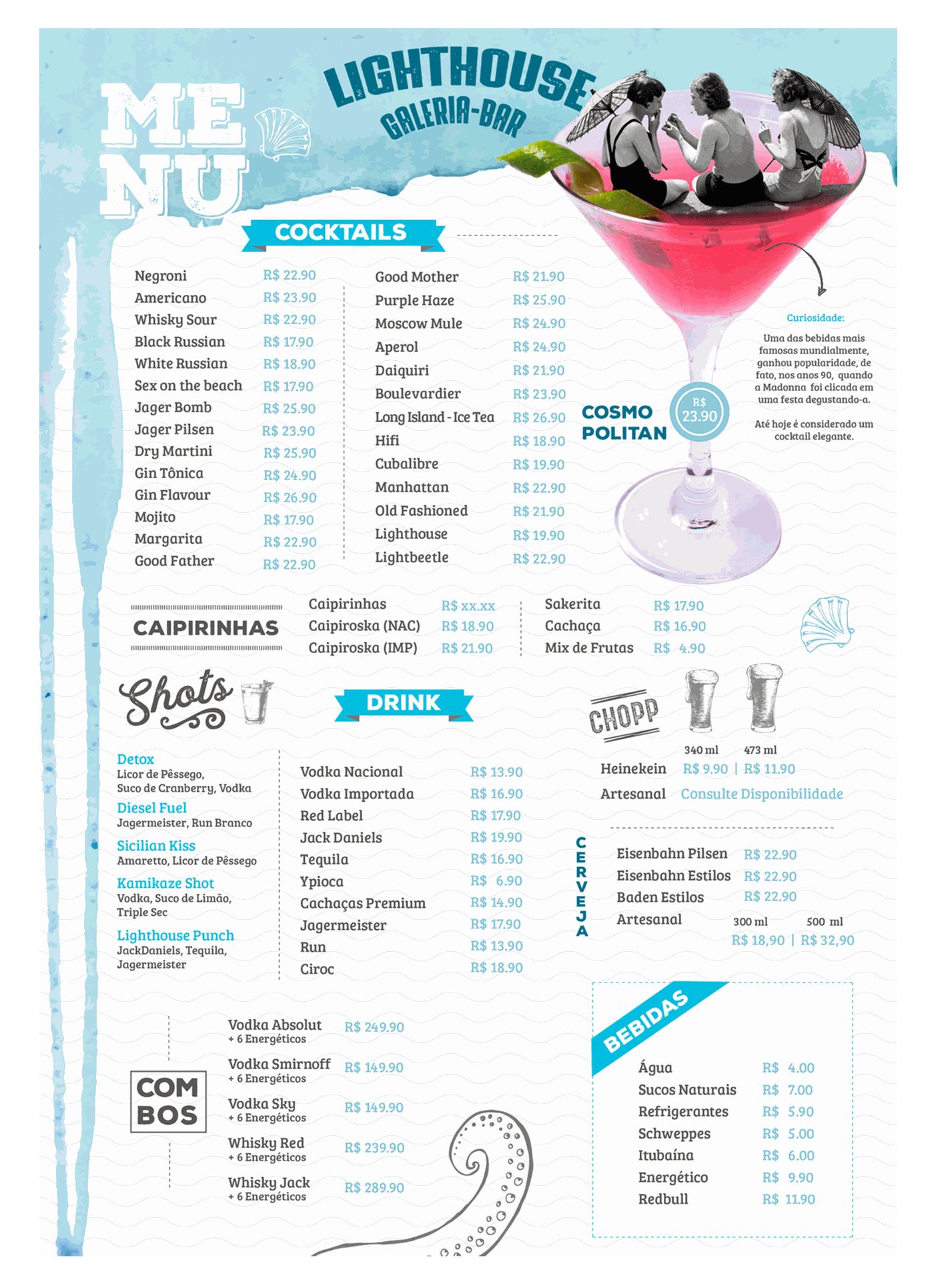 Menu Bar Lighthouse cocktails, shots and drinks page in a torn-paper beach collage style