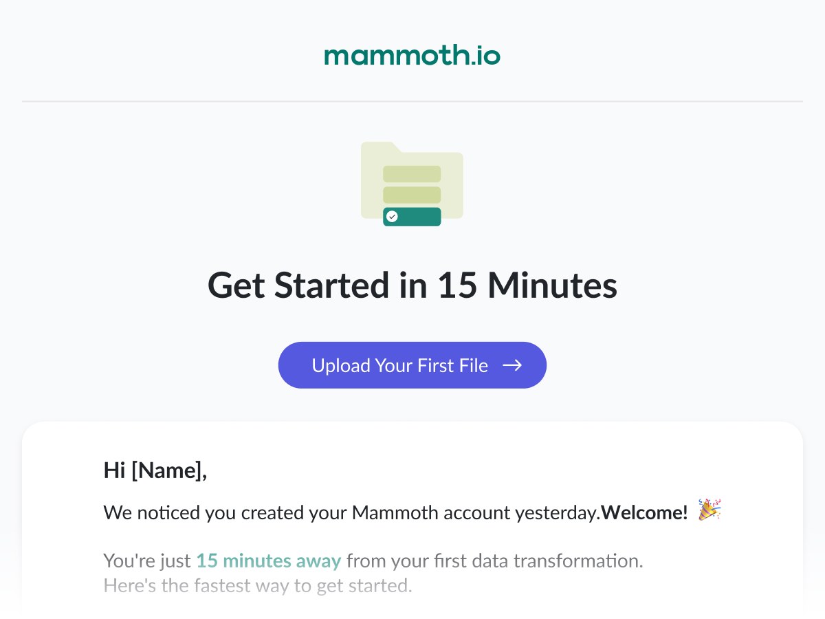 Lifecycle email: 'Get Started in 15 Minutes': a welcome email laying out the fastest path to a first data transformation