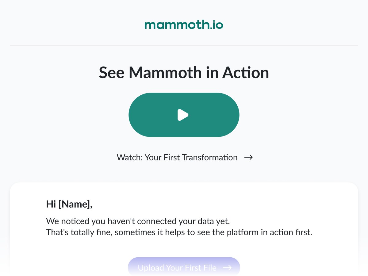 Lifecycle email: 'See Mammoth in Action': encouraging a user who hasn't connected data yet to watch a demo