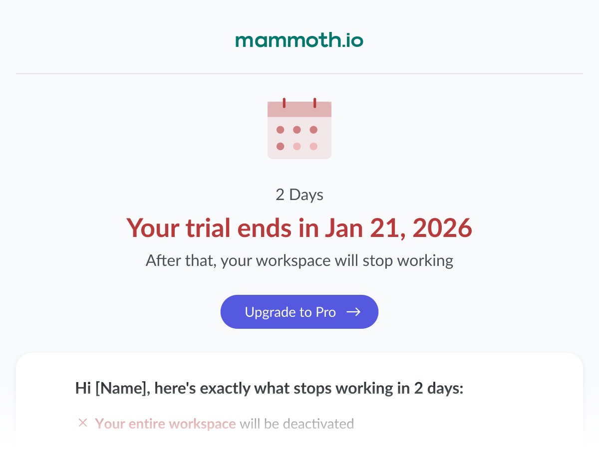 Lifecycle email: 'Your trial ends in 2 days': a loss-framed trial-expiry reminder