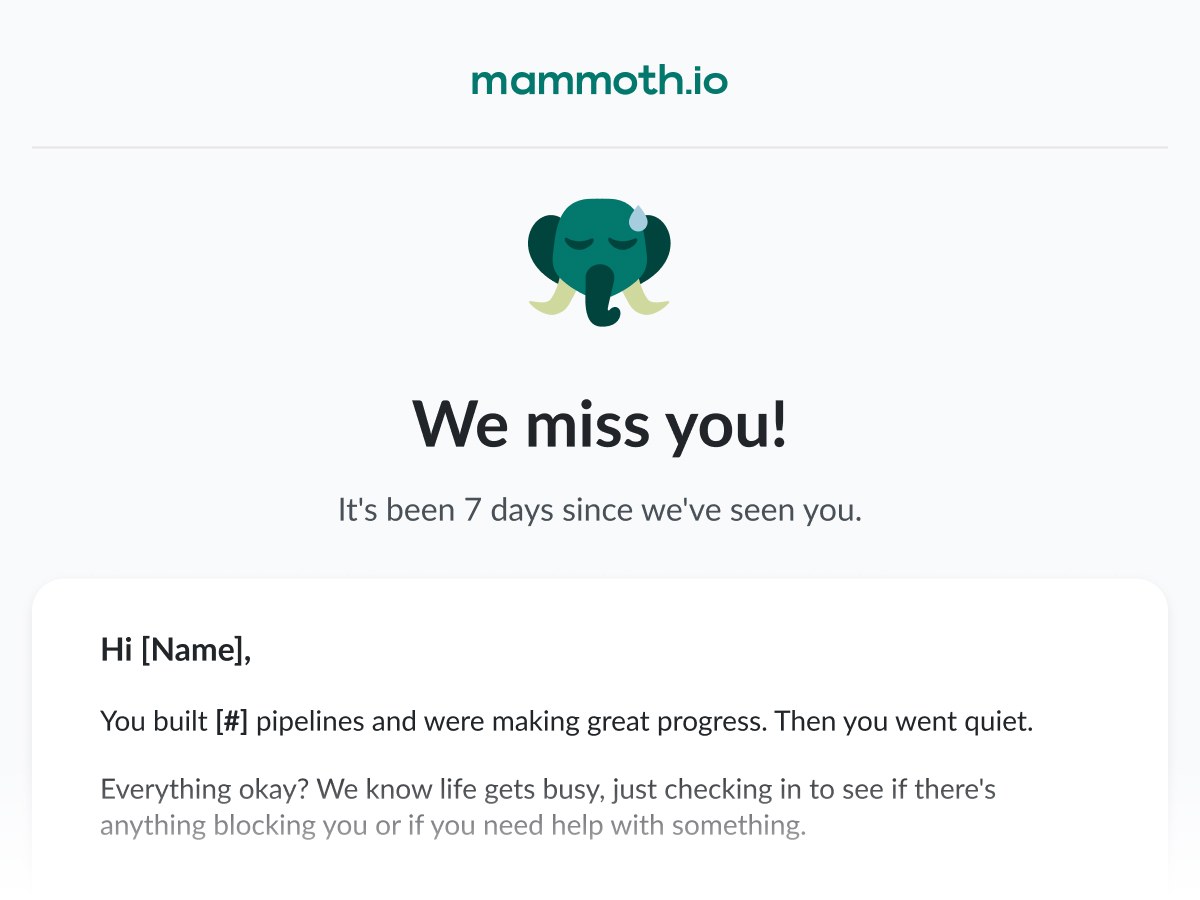 Lifecycle email: 'We miss you!': a 7-day inactivity re-engagement note