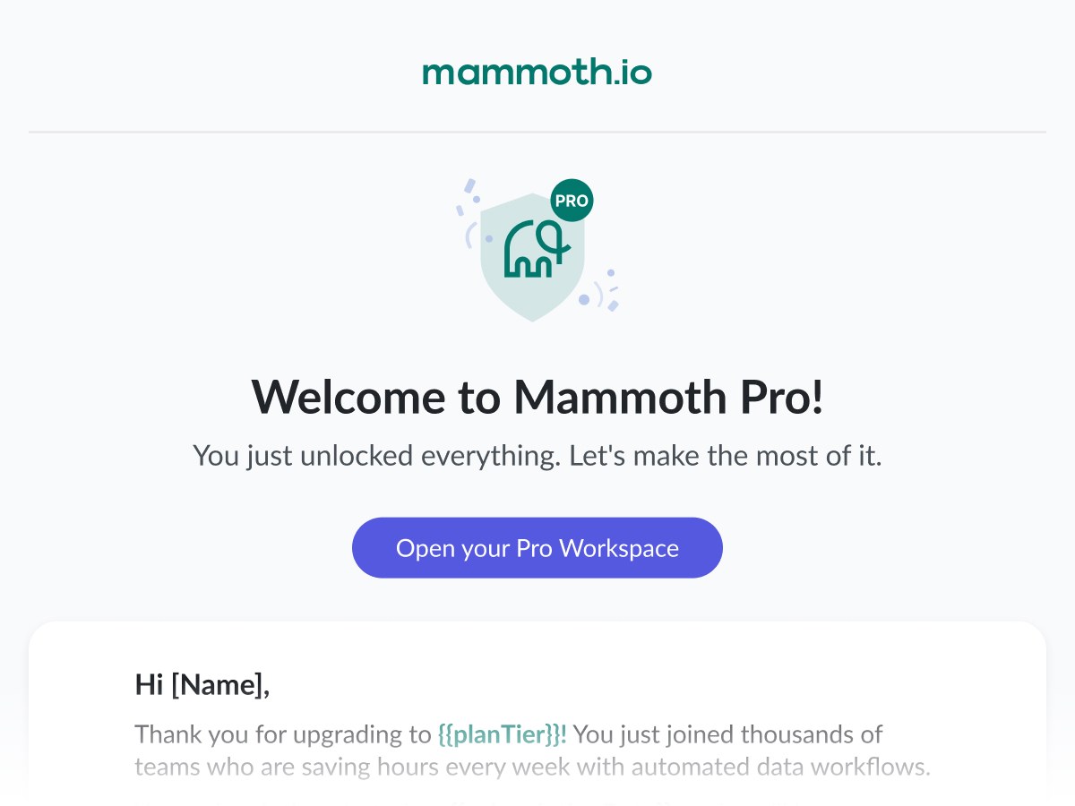 Lifecycle email: 'Welcome to Mammoth Pro': an upgrade-confirmation email listing everything just unlocked