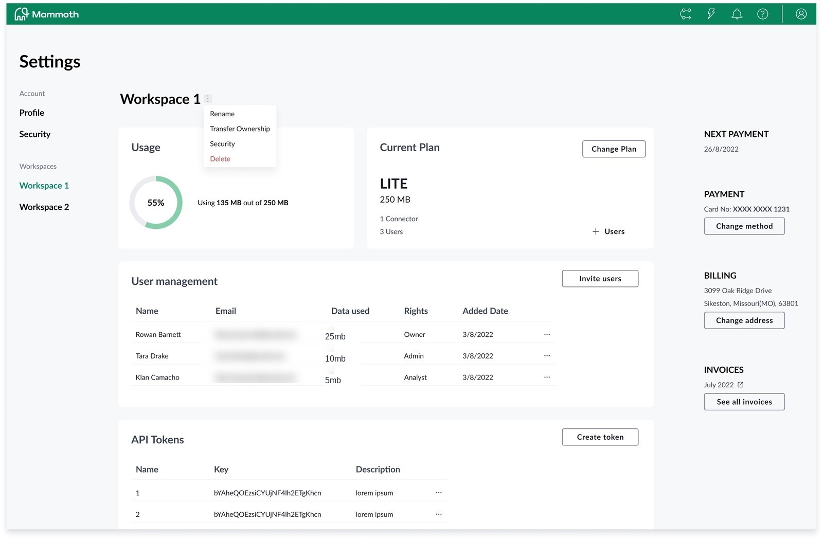 Old Mammoth settings: a single dense 'Workspace 1' page mixing usage, current plan, billing, user management and API tokens, with account actions hidden behind an overflow menu