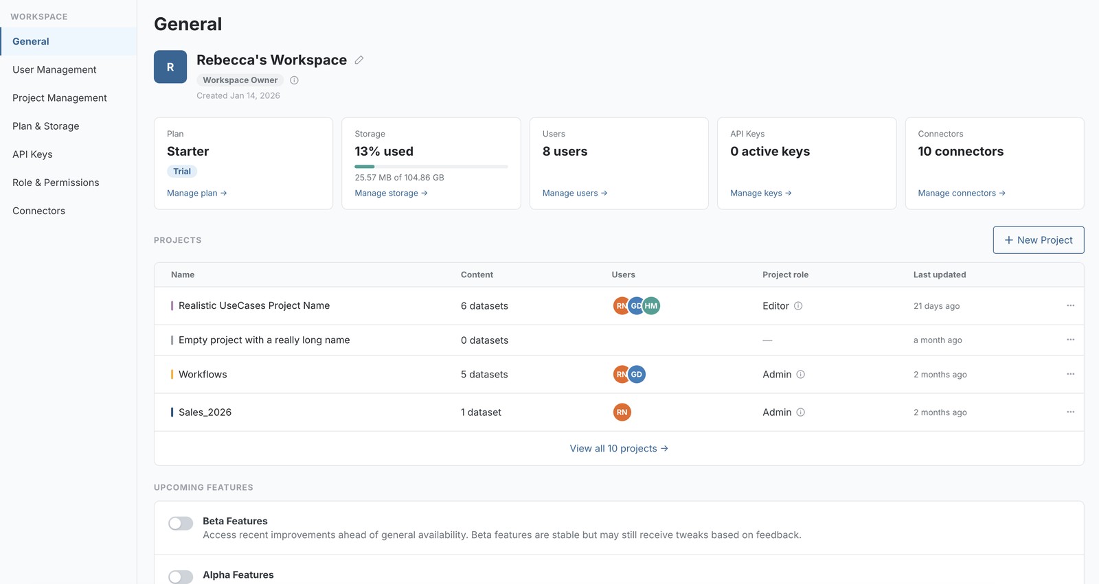 New General settings page: usage, plan, users, API keys and connectors as separate at-a-glance cards, plus a clear projects table