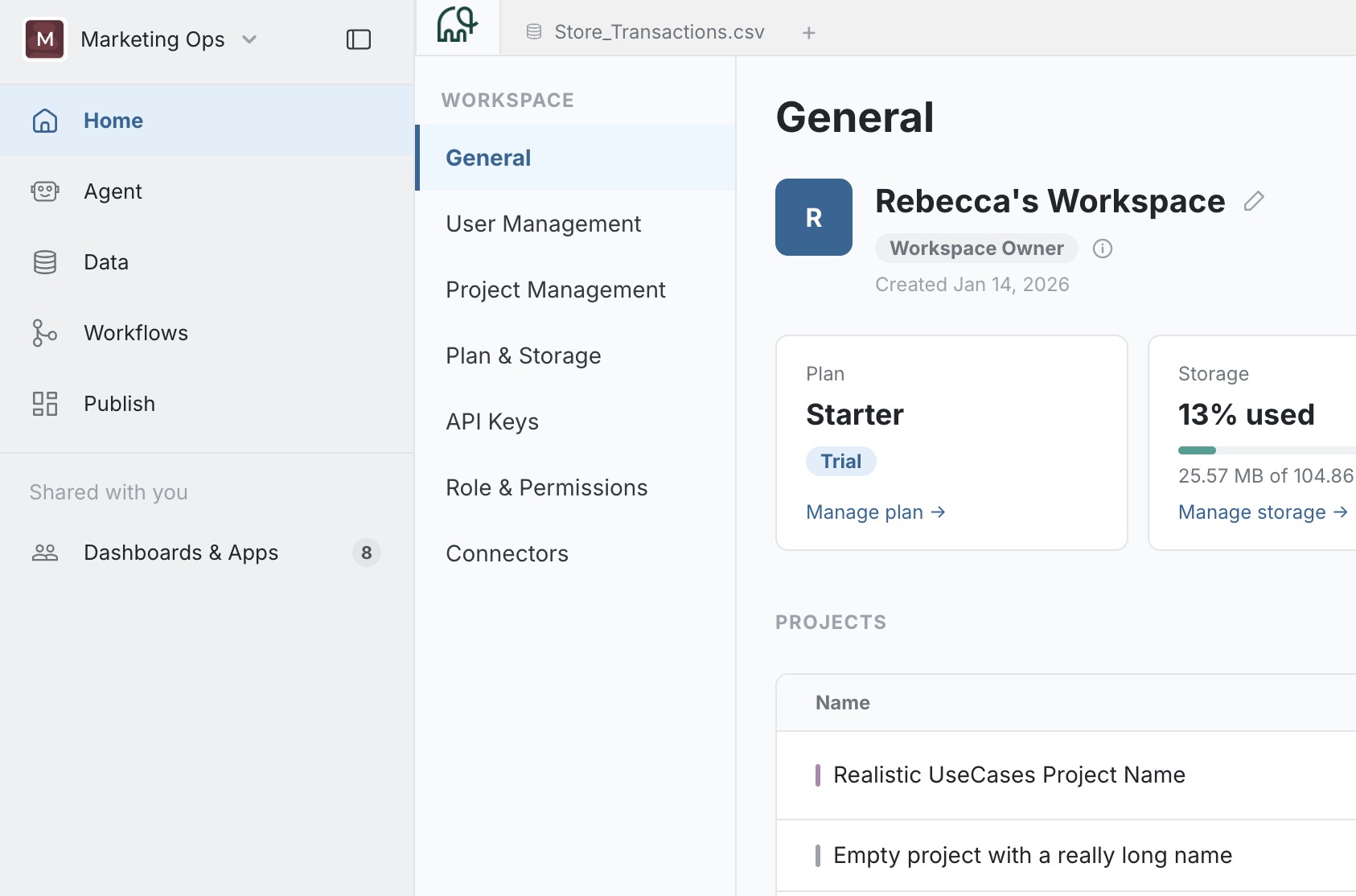 App shell with the Marketing Ops workspace switcher and a collapsible-sidebar toggle sitting above the main navigation, shown alongside the Settings panel