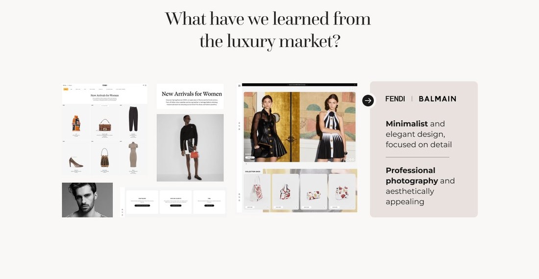 Benchmark against luxury brands Fendi and Balmain: minimalist layout and professional photography
