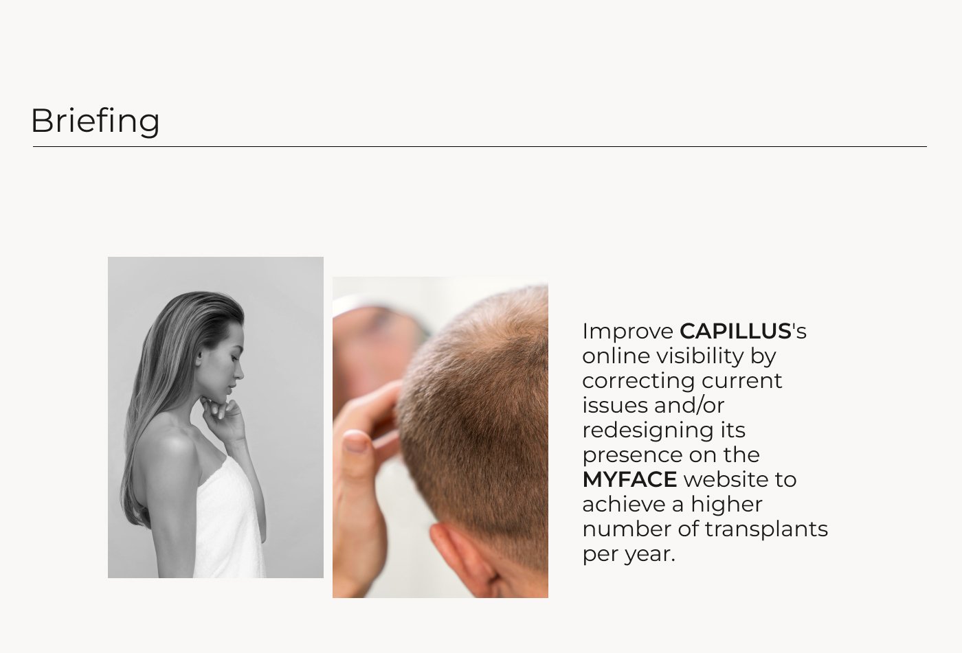Briefing slide: two black-and-white portrait photos next to the brief text, improve Capillus's online visibility on the MyFace website