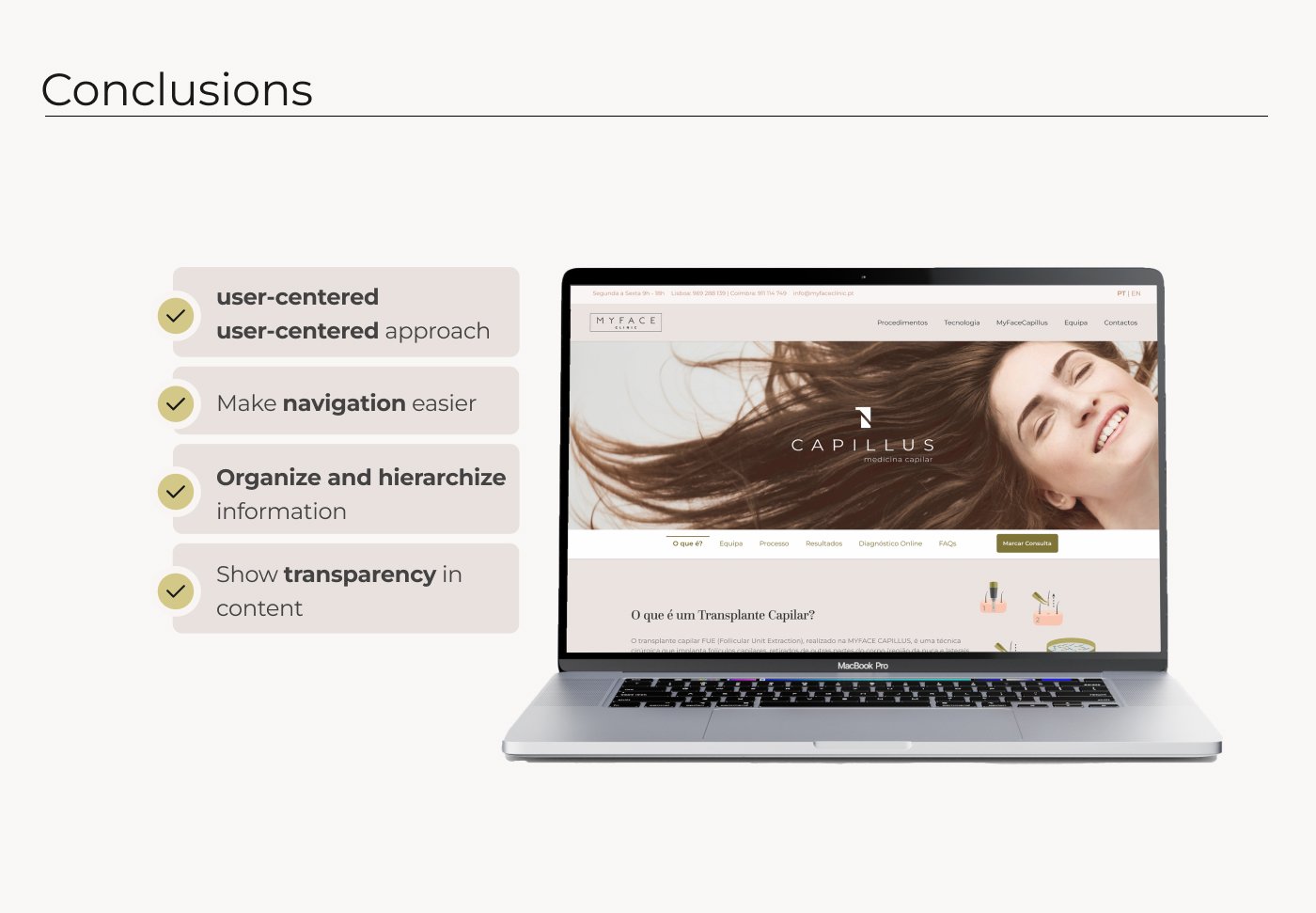 Conclusions slide: user-centered approach, easier navigation, organized and hierarchized information, transparency in content, next to a laptop showing the final Capillus homepage
