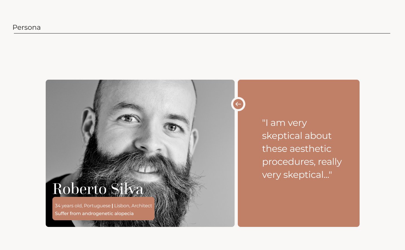 Persona slide: Roberto Silva, 34, Lisbon architect with androgenetic alopecia, quoted as very skeptical about aesthetic procedures