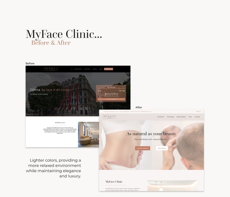 Before and after comparison of the homepage: the original dark, corporate design versus the redesigned light, elegant hero