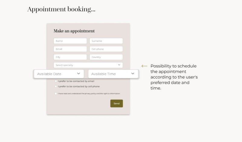 Appointment booking form with date and time pickers, contact preferences and a privacy consent checkbox