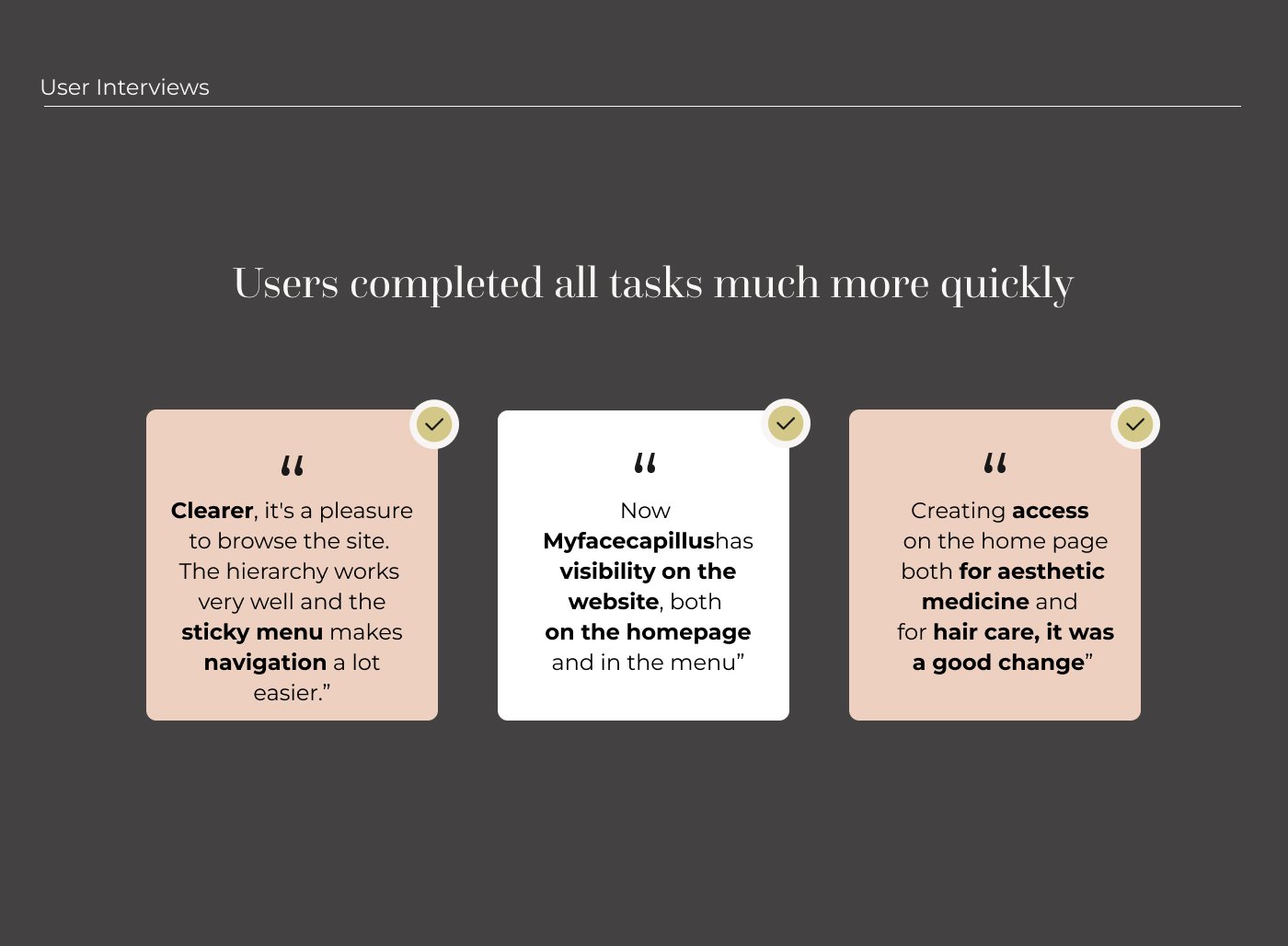 Retest slide: users completed all tasks much more quickly, with quotes praising the clearer hierarchy and sticky menu