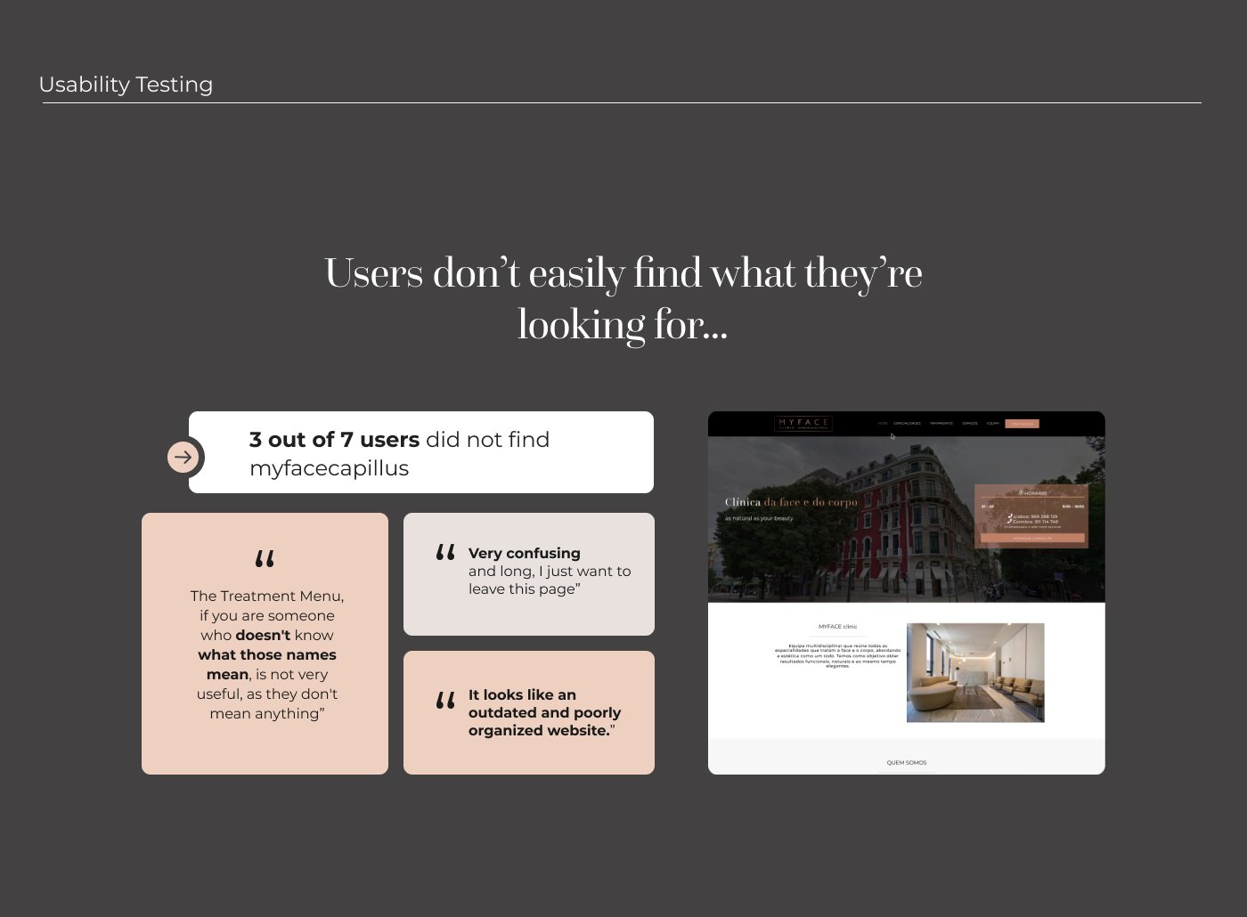 Usability testing slide on the original site: 3 out of 7 users did not find MyFaceCapillus, with quotes calling it confusing and outdated