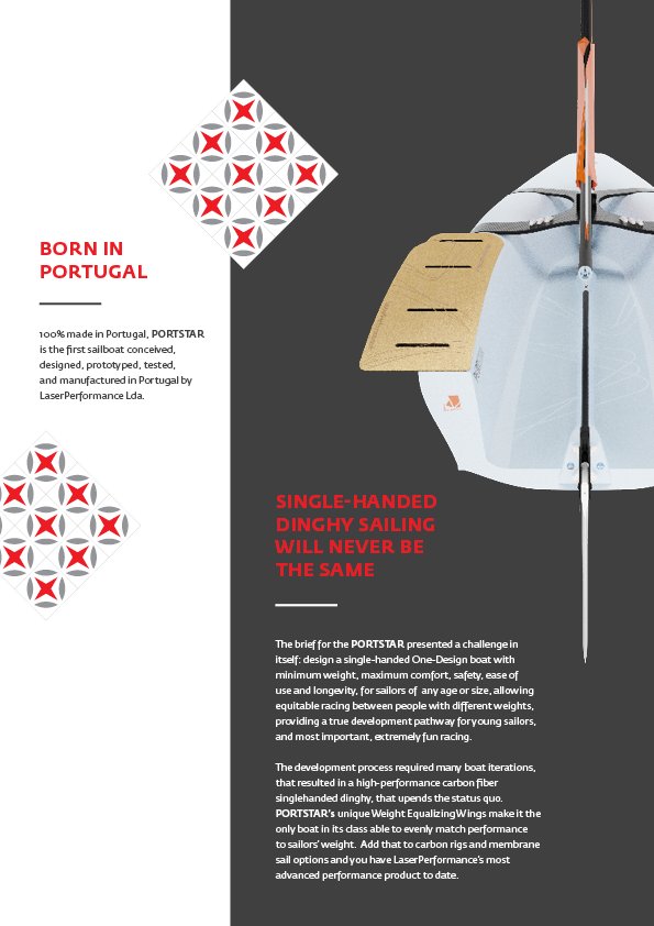 Portstar brochure page: 'Born in Portugal' copy beside a top-down render of the boat's carbon hull and rigging
