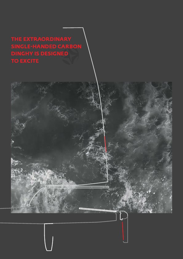 Portstar brochure page: 'The extraordinary single-handed carbon dinghy is designed to excite' over a dark aerial water photo with the hull outlined in line art