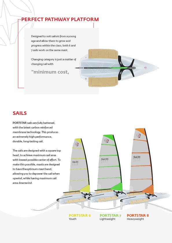 Portstar brochure page: 'Perfect Pathway Platform' and 'Sails' sections showing the Portstar 6, 7 and 8 sail options in yellow, green and orange