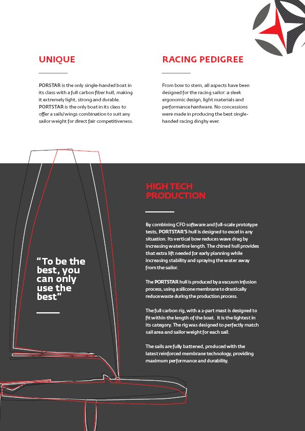 Portstar brochure page covering 'Unique', 'Racing Pedigree' and 'High Tech Production', with red-and-white technical line drawings of the sail and hull