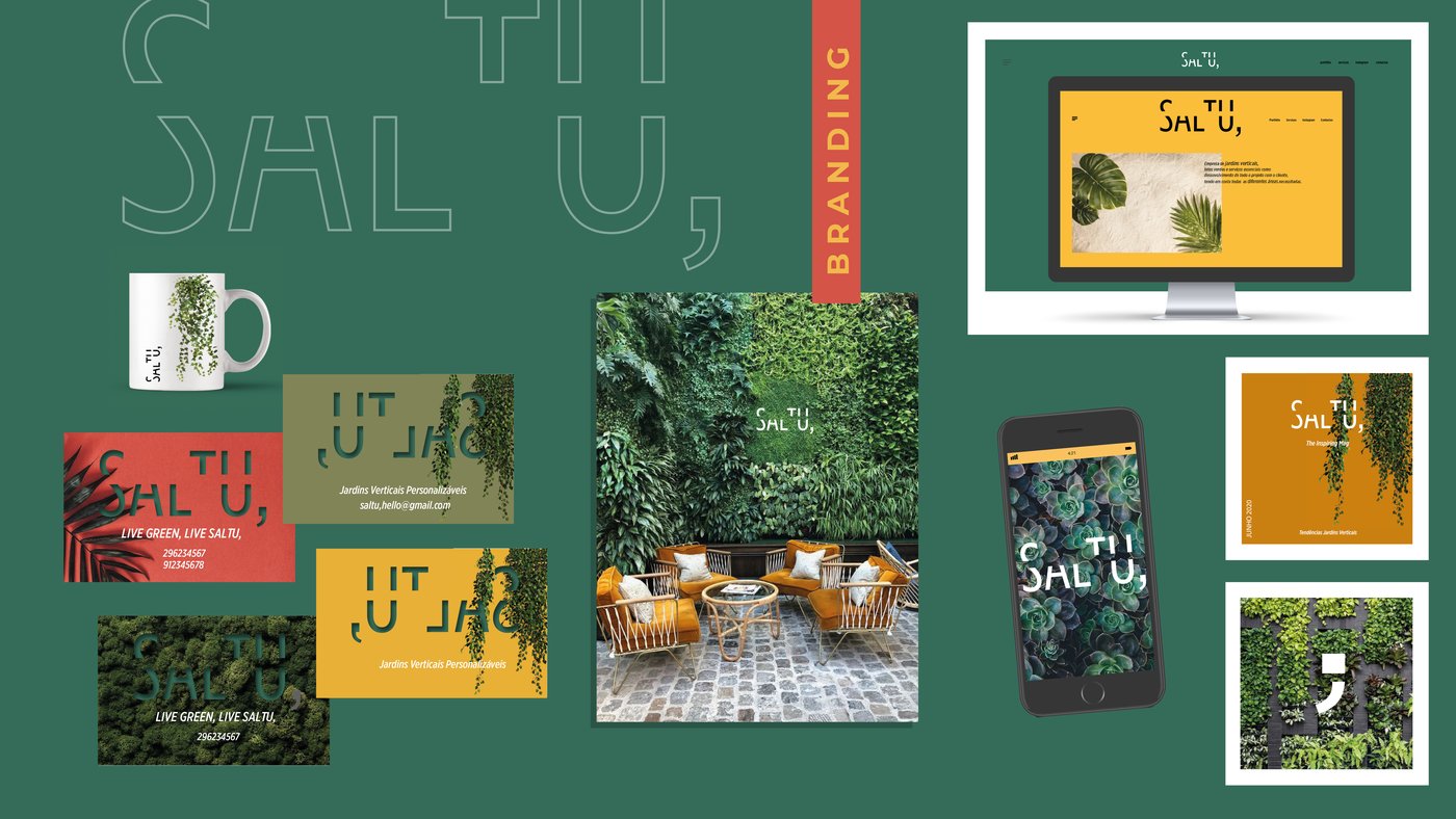 Saltu brand applications: a mug, business cards on moss and colored paper, a poster on a planted wall, a desktop site mockup, a phone screen, and a magazine cover