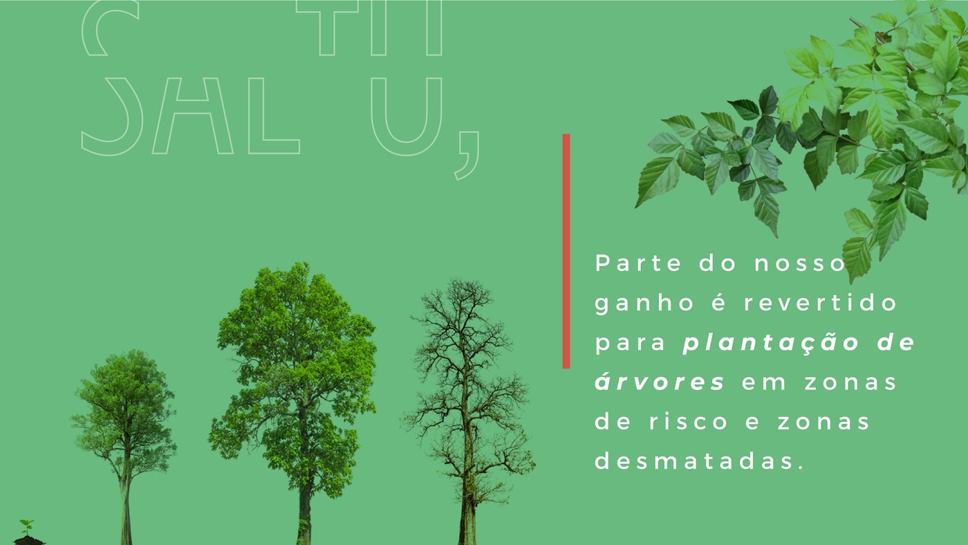 Illustration of trees at different growth stages, next to copy explaining that part of Saltu's profit is reinvested into planting trees in deforested and at-risk areas