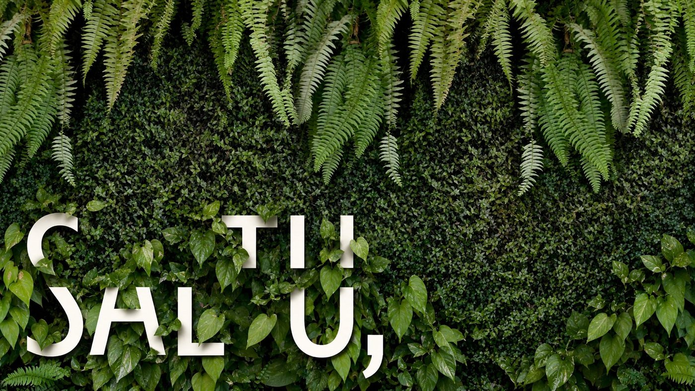 SALTU wordmark set against a dense fern and ivy wall, with a comma standing in for the final letter