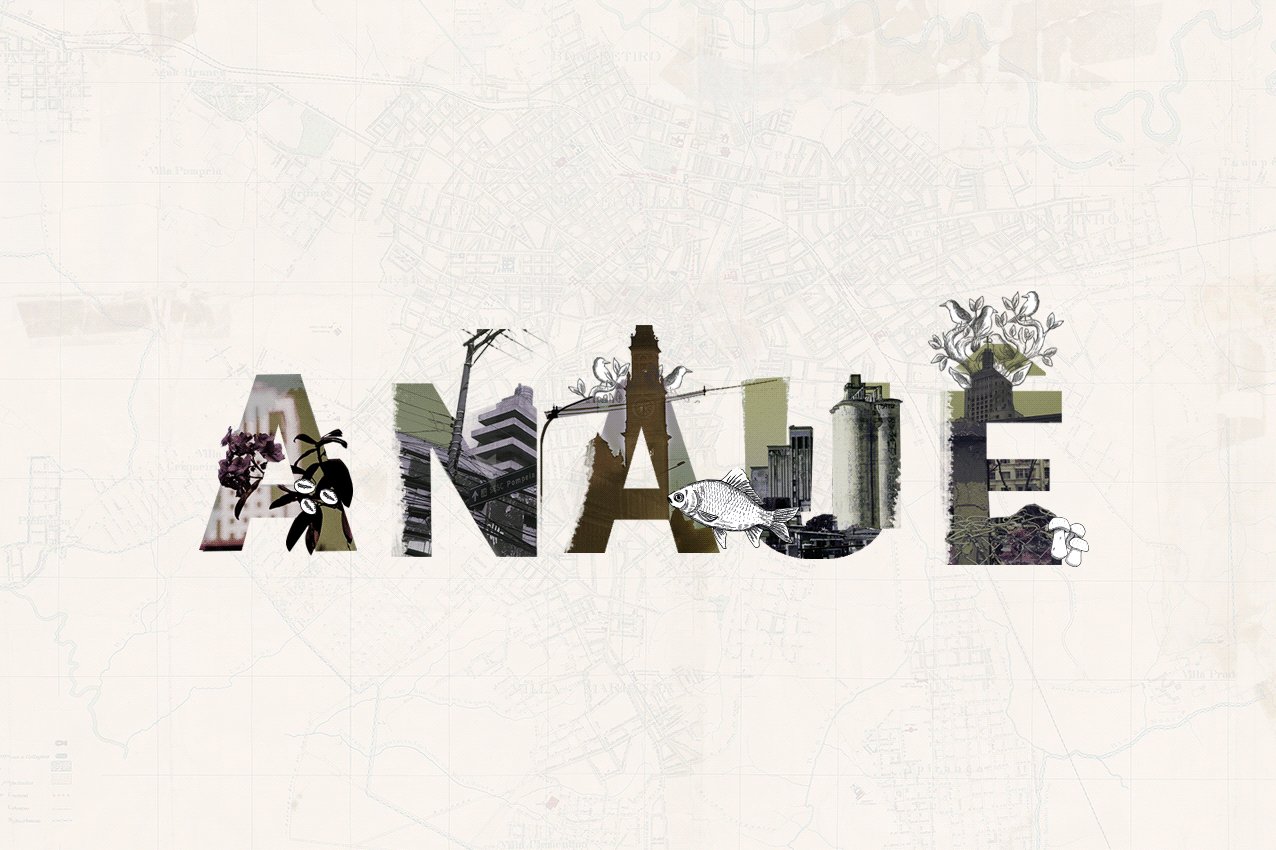 Custom lettering spelling ANAUÊ, built from city map textures, photography and line illustrations