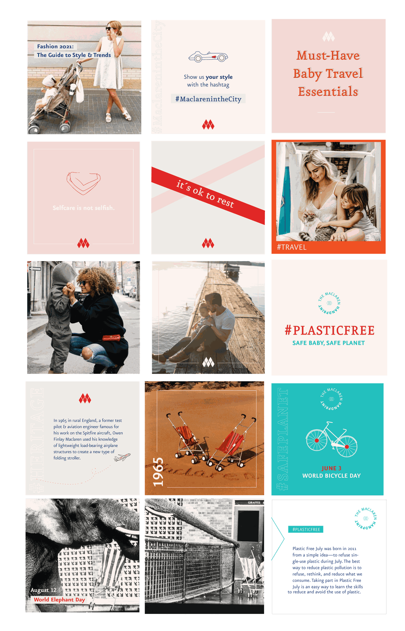 Grid of Maclaren Instagram posts mixing lifestyle photography, brand heritage graphics and campaign tiles