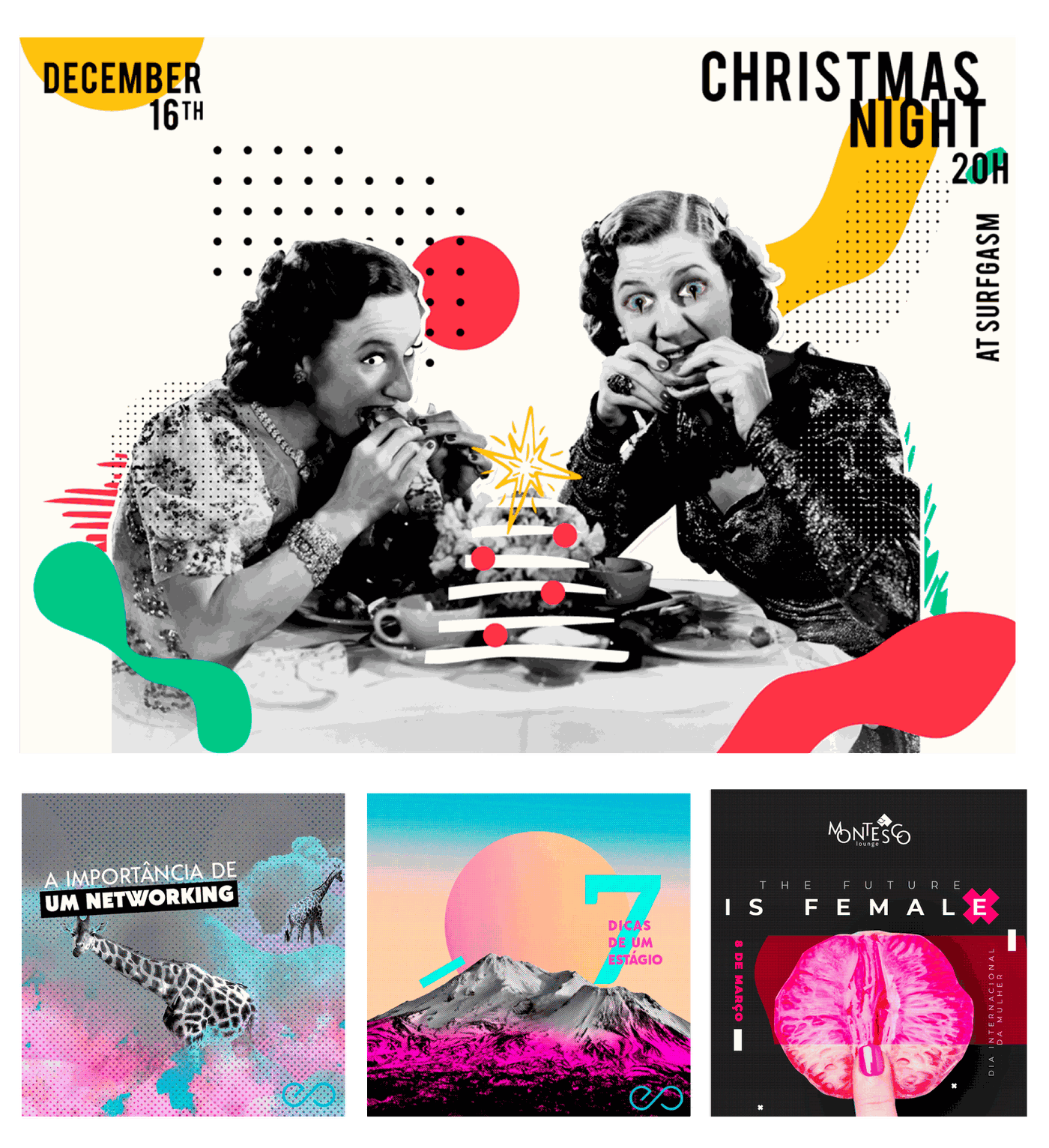 Surfgasm's Christmas Night poster alongside Estagiários Online and Montesco social tiles