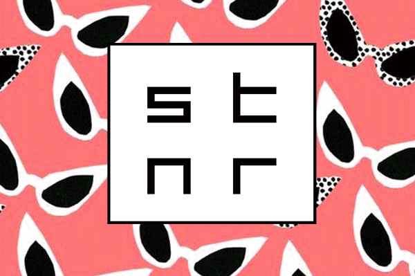 Animated STNR logo mark on a repeating pattern of cat-eye sunglasses