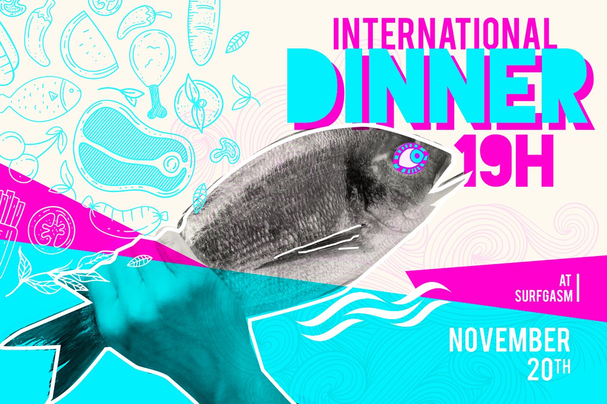 Surfgasm 'International Dinner' event poster built around an illustrated fish