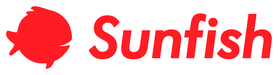 Restyled Sunfish logo in red, the same icon-and-wordmark lockup as a second colourway
