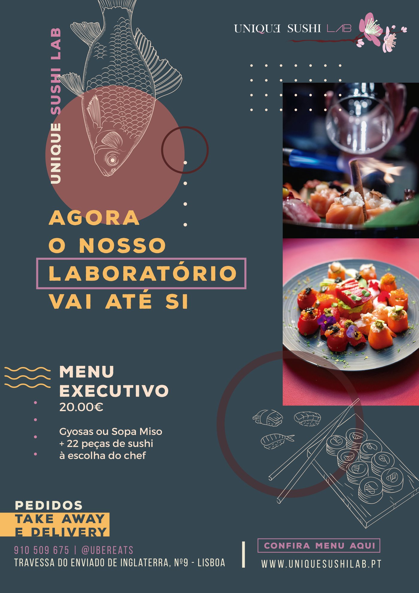 Unique Sushi Lab delivery and takeaway flyer promoting the 22-piece executive menu