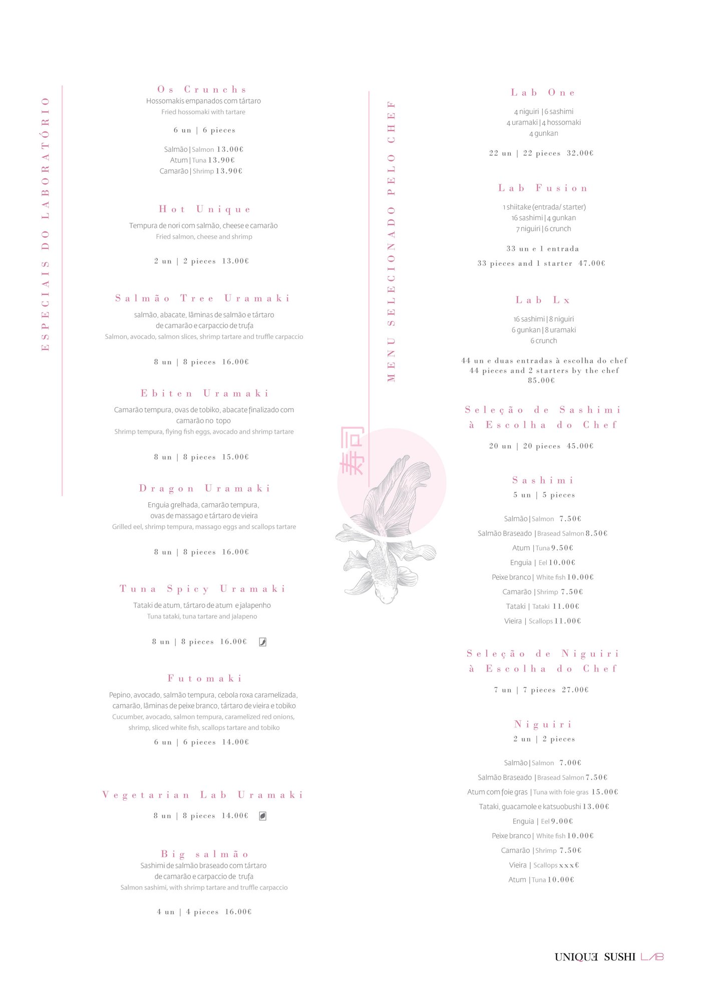 Unique Sushi Lab menu page listing lab specials, uramaki and chef-selected tasting sets, in Portuguese and English